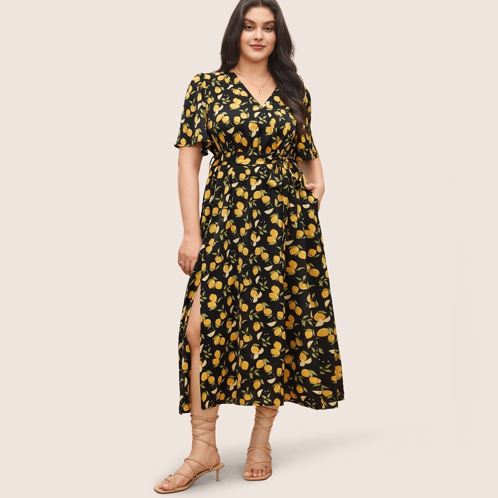 BloomChic Black Midi Dress with Yellow Lemon Print